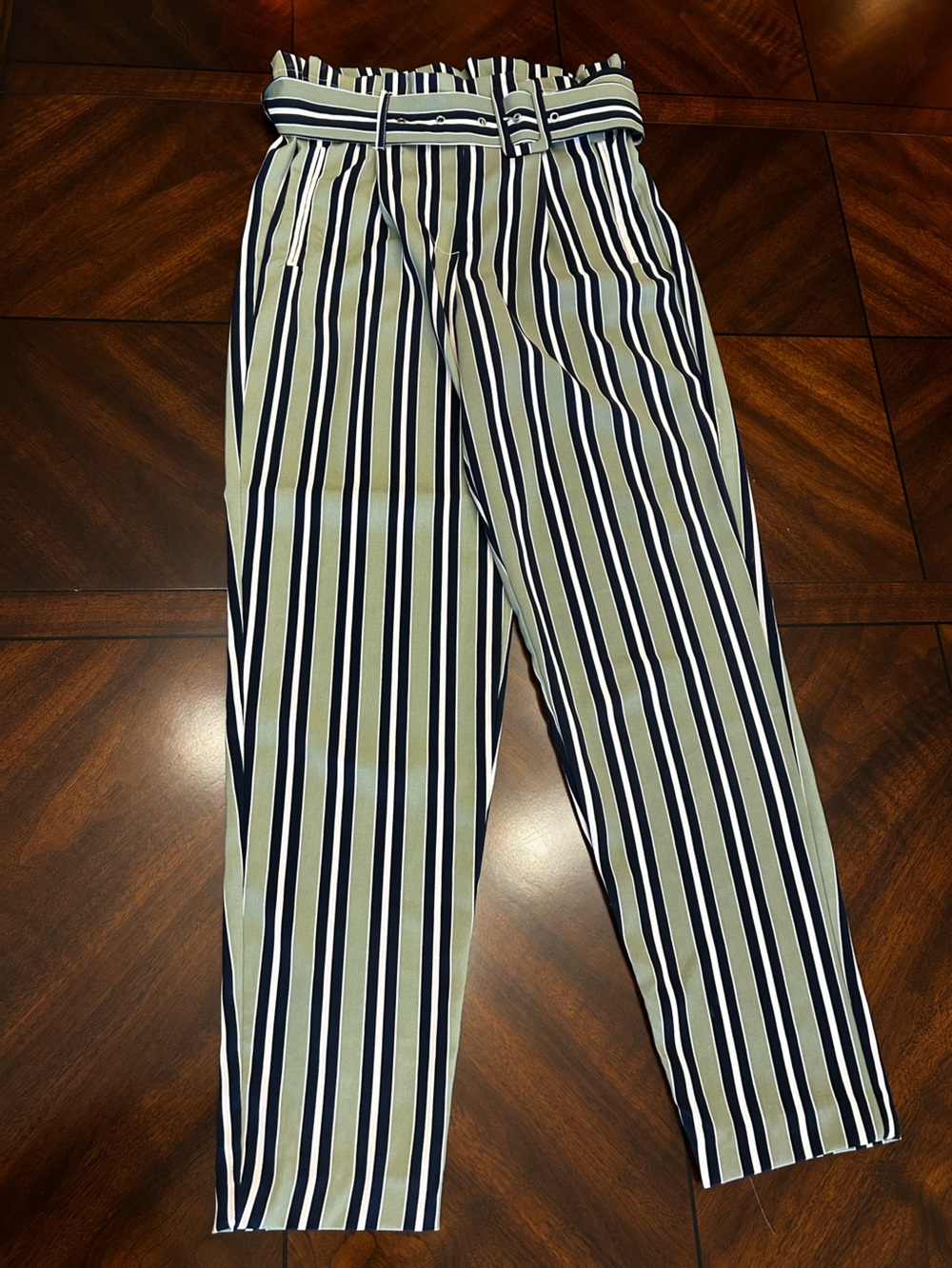 Only Brand Striped Trousers in Navy, White, and Beige